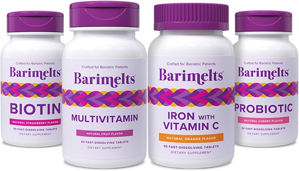 BariMelts Fullständig Post-Bariatric Kirurgi Bundle - Multivitamin, Järn med vitamin C, Biotin och Probiotika