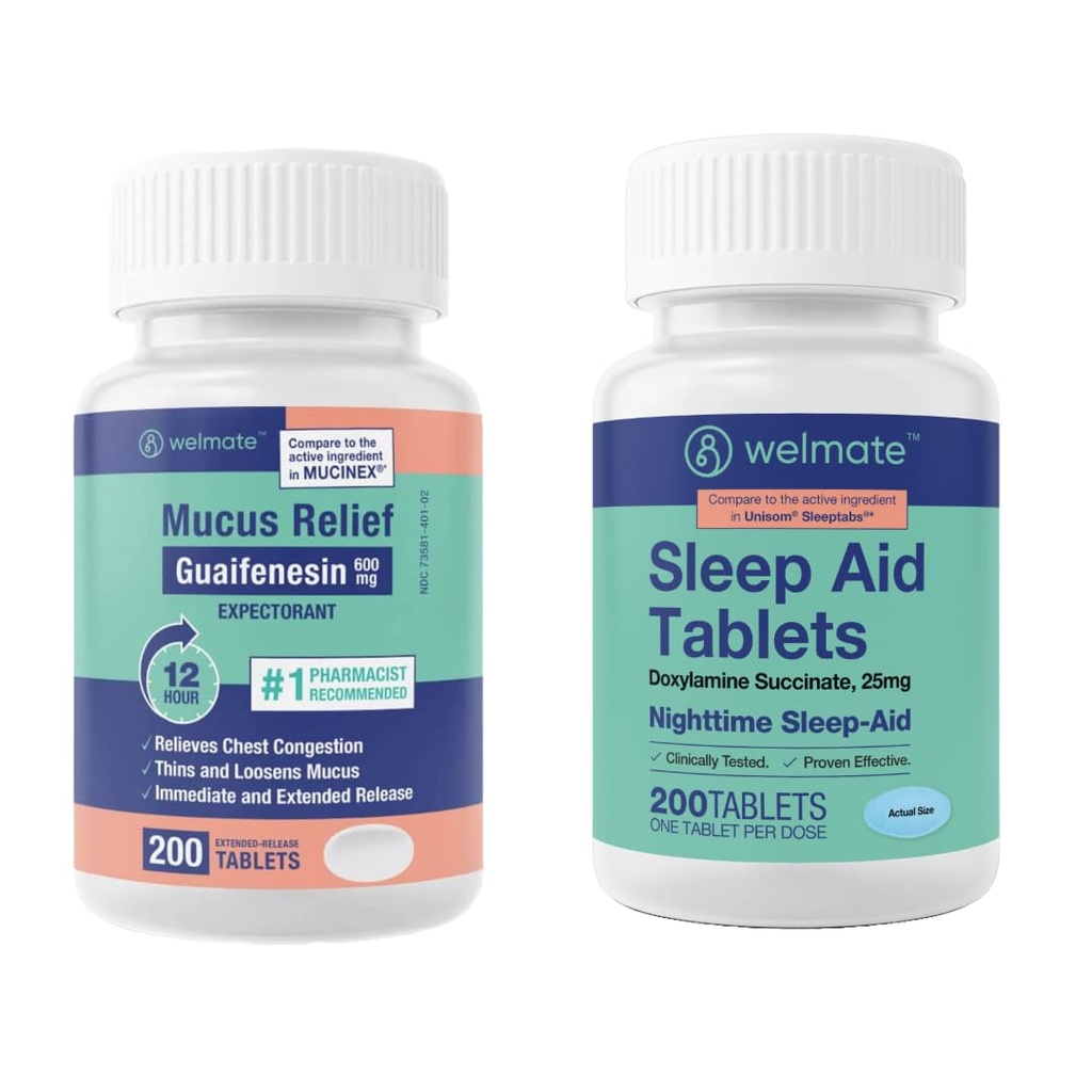 WELMATE Nighttime Wellness Bundle: Mucus Relief Guaifenesin 600mg Mucus Relief (200 Ct) & Doxylamine Succinate 25mg Sleep Aid (200 Ct) | Utökad lättnad för vilande sömn