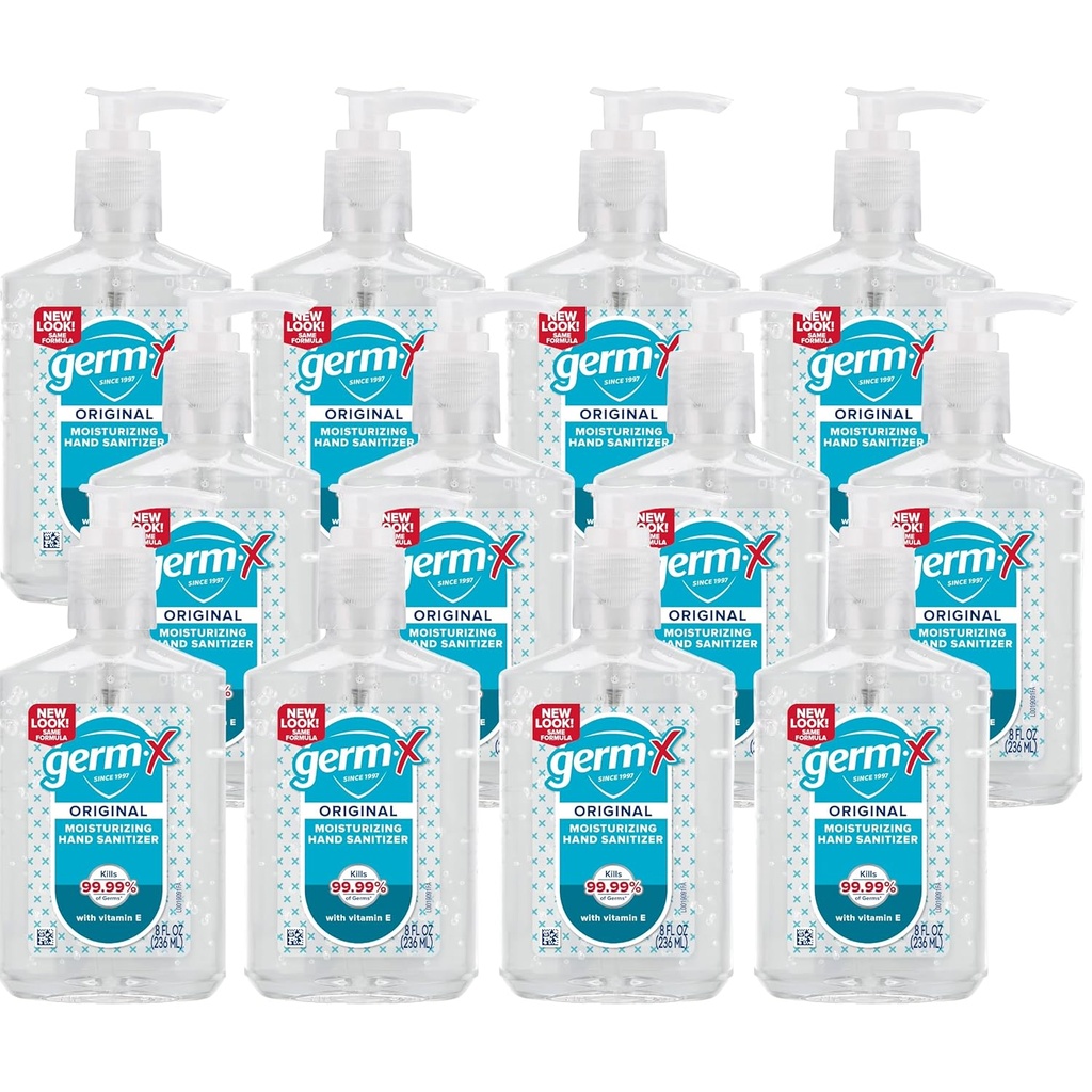 Germ-X Original Hand Sanitizer, Non-Drying Moisturizing Gel med Vitamin E, Instant och No Rinse Formel, Tillbaka till skolan Supplies College, 8 Fl Oz Pump Bottle (Pack of 12)