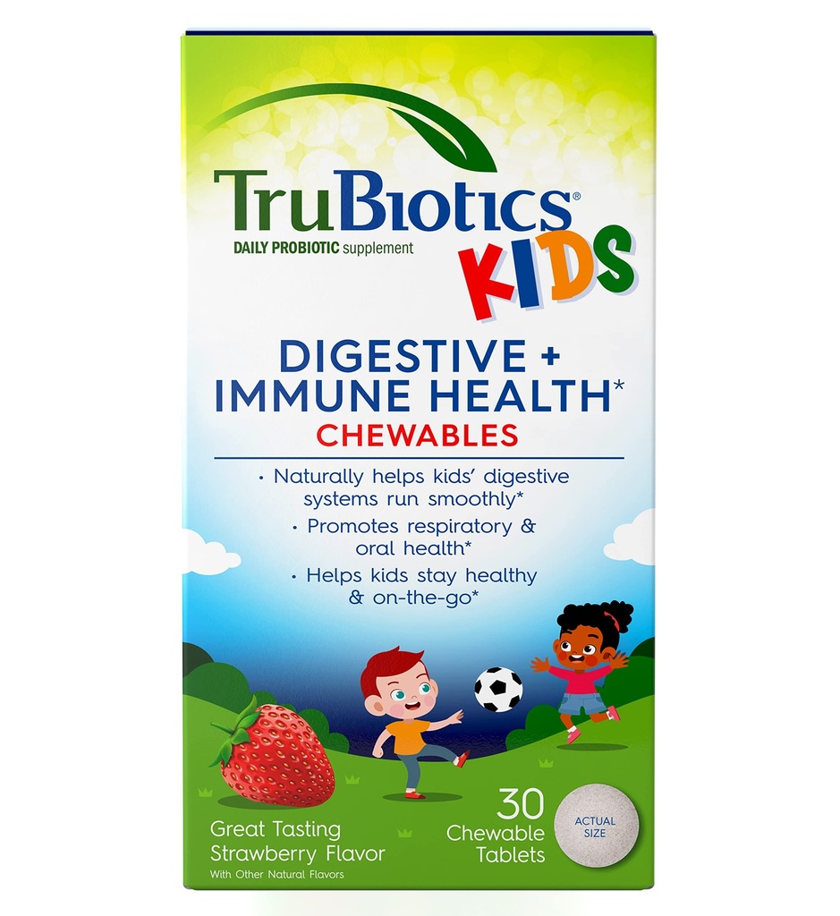 TruBiotics Probiotics for Kids Digestive & Immune Health Support, Sugar-Free Chewable Kids Probiotic för att hjälpa till att upprätthålla en hälsosam Tummy, naturlig jordgubbsmak, 30 tabletter