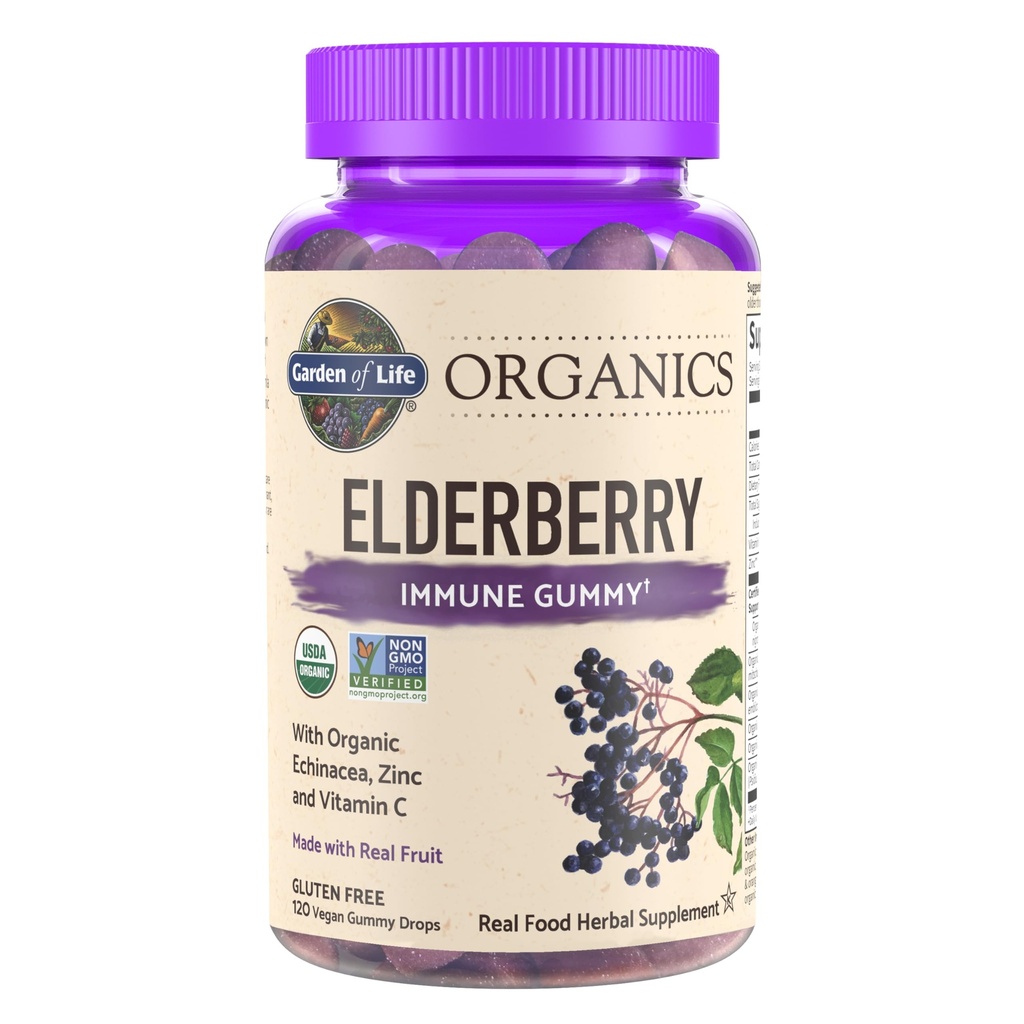 Garden of Life Organics Elderberry Gummies for Adults & Kids - Immune Support Supplement med organisk frukt, Herbal Blend, Elderberry, Echinacea, Zink, Vitamin C, 120 Vegan Gluten Free Gummies