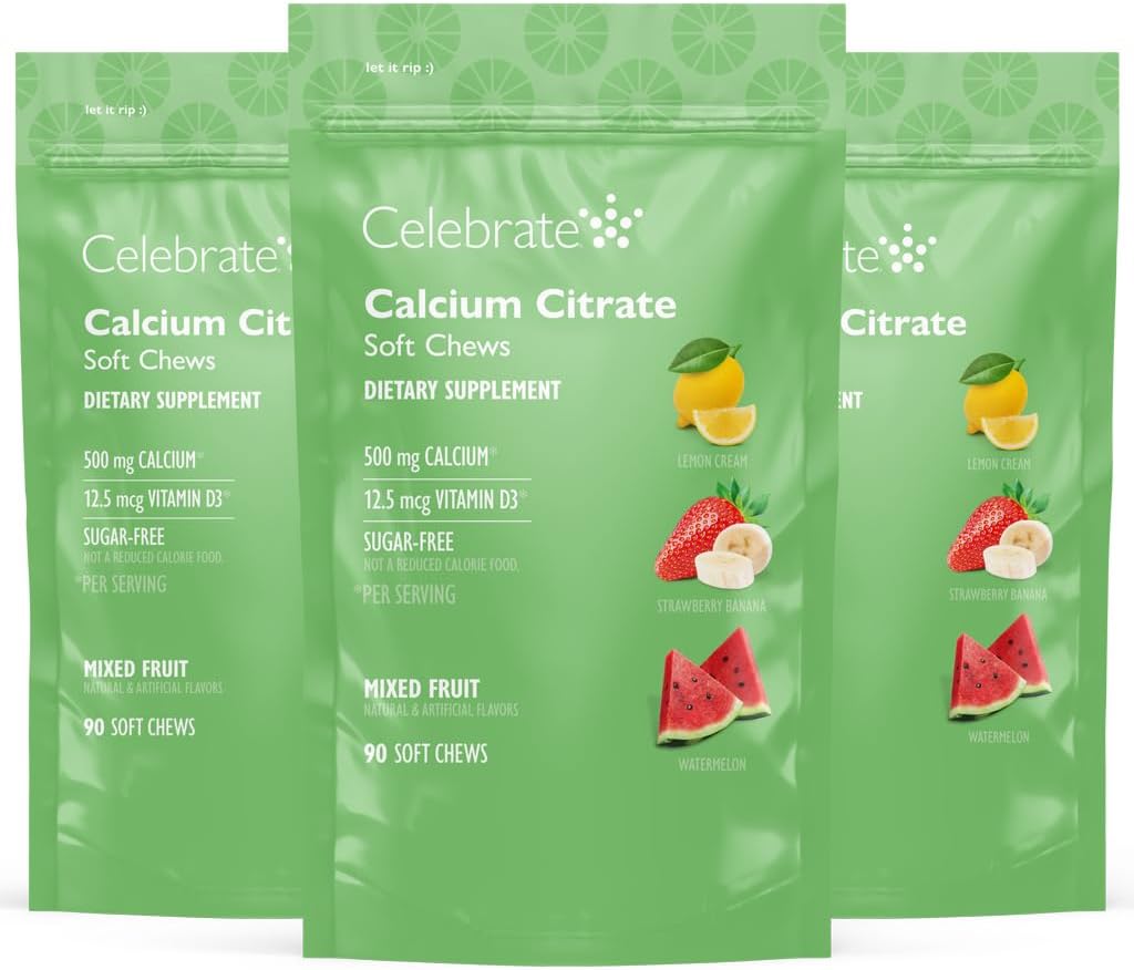 Celebrate Vitamins Bariatric 500mg Calcium Citrate Soft Chews med 500 IE Vitamin D3 - Essential för gastric bypasspatienter och benhälsa - Sugar & Gluten Free, Frukt (270 Chews)