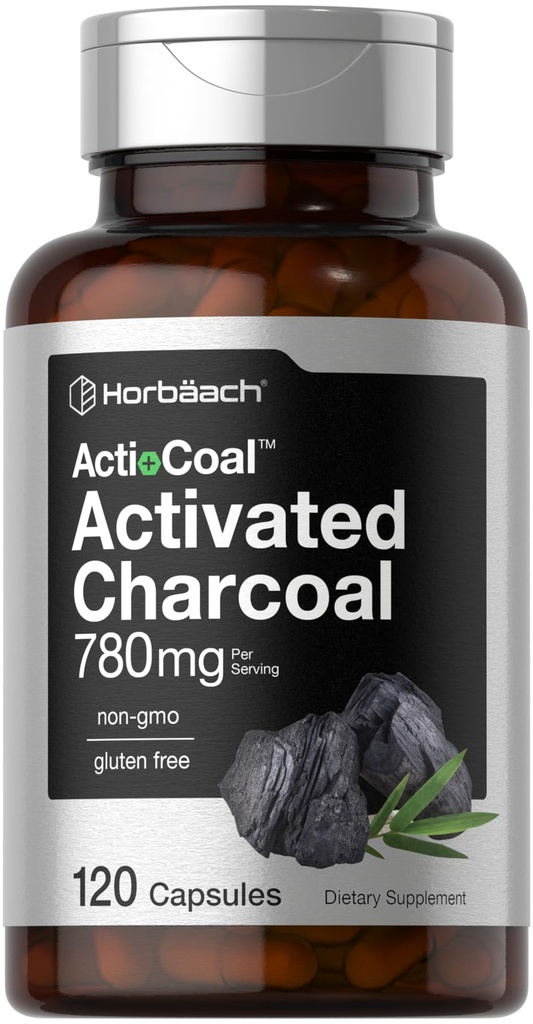 Horbäach Charcoal Pills 780mg | 120 kapslar | Aktiverat kol från Coconut Shells | Non-GMO och Gluten Free | Acti-Coal