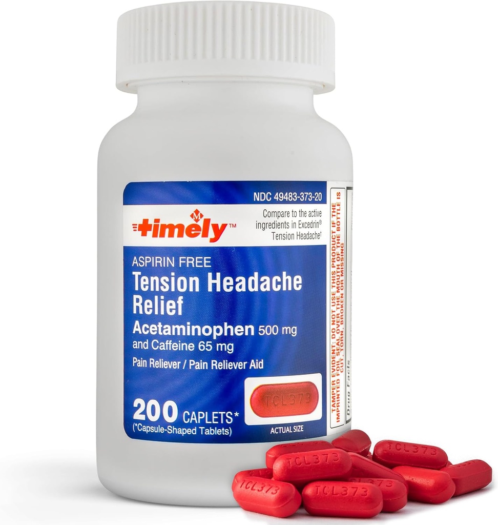 Tidsvis - 200 Caplets - Spänningshuvudvärk och smärtstillande med Acetaminophen 500 mg och koffein 65 mg Extra styrka för huvud, hals, axel och kroppssmärtstillande, aspirinfri - Tillverkad i USA