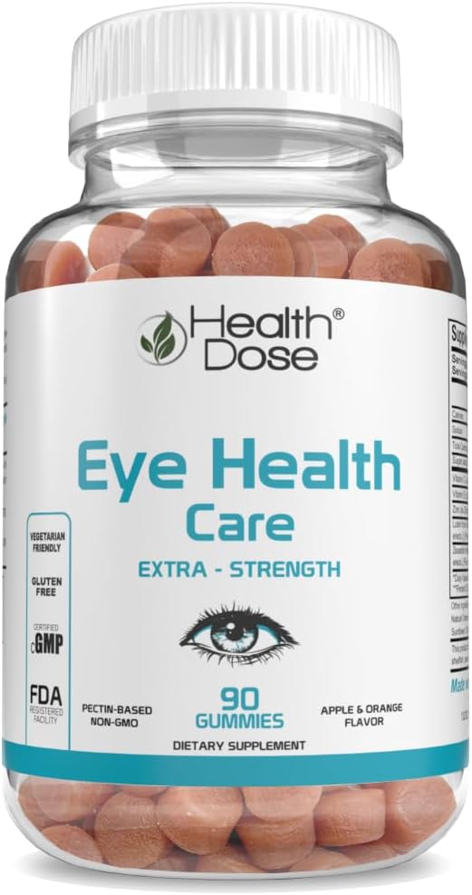 Health Dose Eye Health Care Vitaminer med Lutein Zeaxanthin Support Eye Strain, Torra ögon och visuell prestanda Apple & Orange smak 90 Gummies.