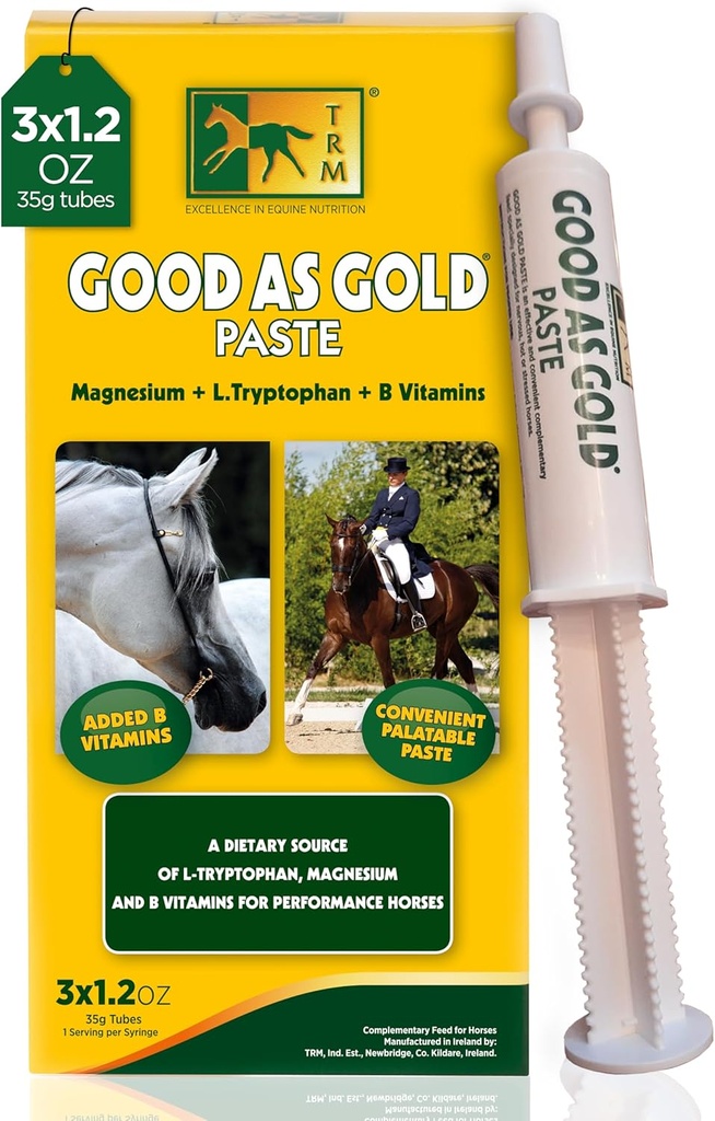 TRM Bra som Gold Equine Calming Supplement Paste för avkoppling och fokus | Tryptophan, Magnesium, B Vitaminer - 3 Qty x 1,23 oz (3 Qty x 35g) - 3 Qty x 1,23 oz
