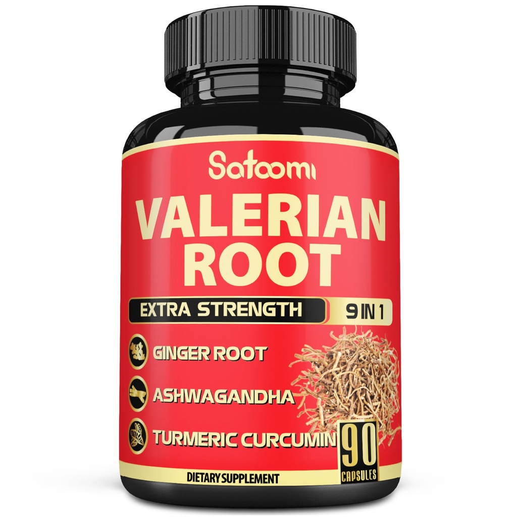 Satoomi Valerian Root Capsules - 9 Natural Herbs - Ashwagandha, Turmeric, Ginger, Ceylon Cinnamon - 90 Caps for 3-Month Supply