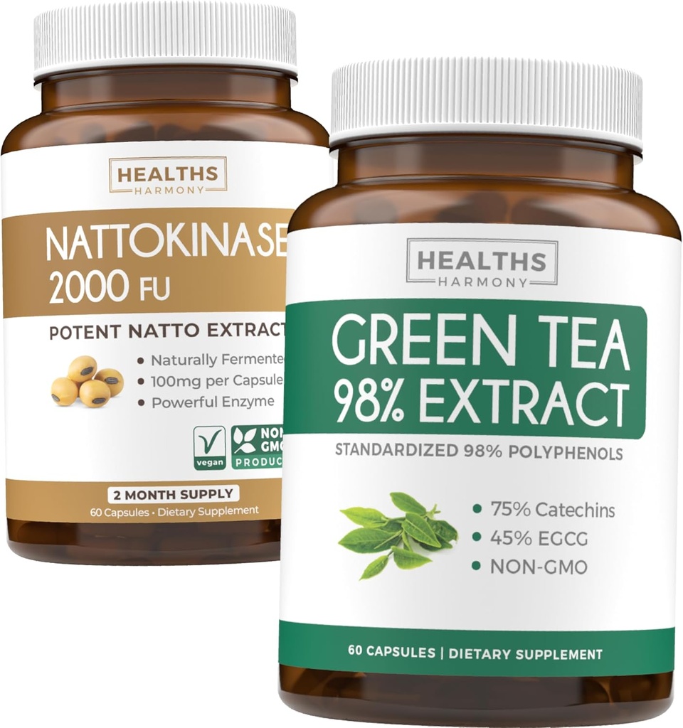 Nattokinase & Green Tea (1-månaders leverans) Energiökning Bundle - Nattokinase 2000 FU Kraftfull Naturligt Fermenterade Sojabönor (60 Caps) & Green Tea Extract 98% med EGCG (Non-GMO) Natural Metabolism Boost