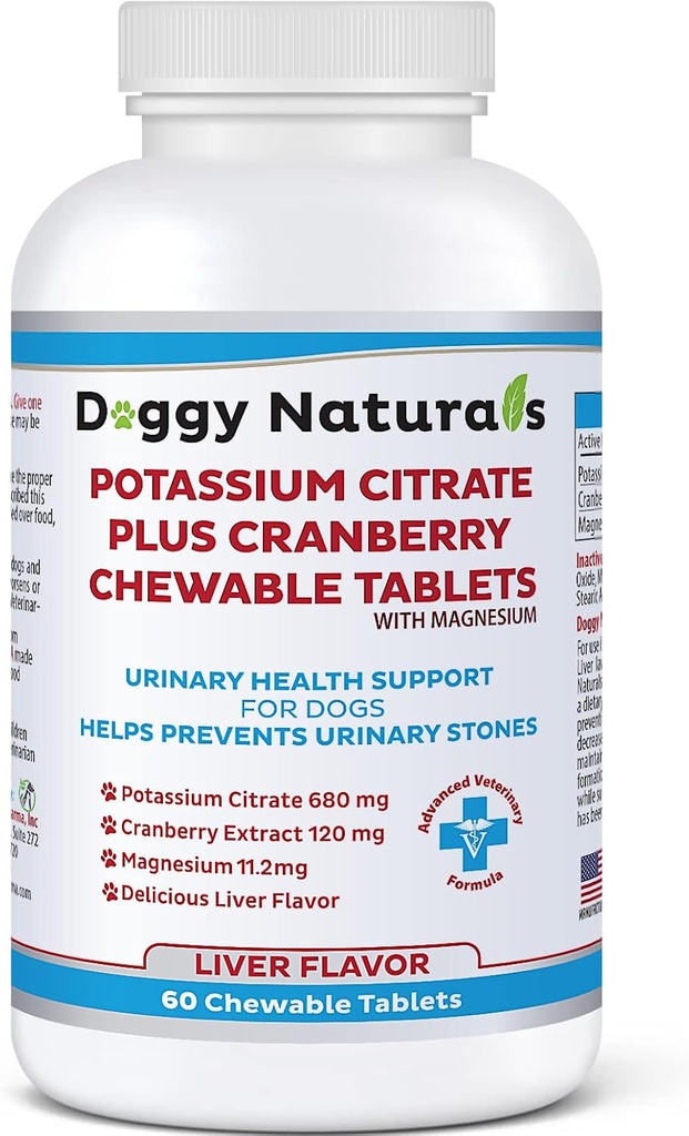 Kalium Citrate Plus Cranberry med Magnesium Supplement för hundar (60 tabletter) - Urinary Tract Support - Hjälper att avskräcka bildandet av Calcium Oxalate Stones-Deters Bladder & Kidney Stones (Made in U.S.A)