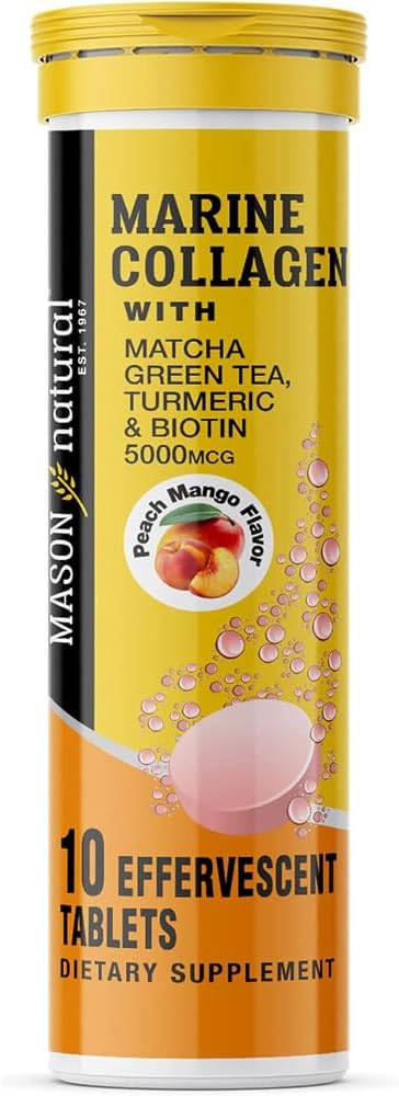 MASON NATURAL Marine Collagen with Matcha Green Tea, Turmeric and Biotin - Healthy Hair, Skin and Nails and Joints, Powerful Antioxidant, 10 Effervescent Tablets