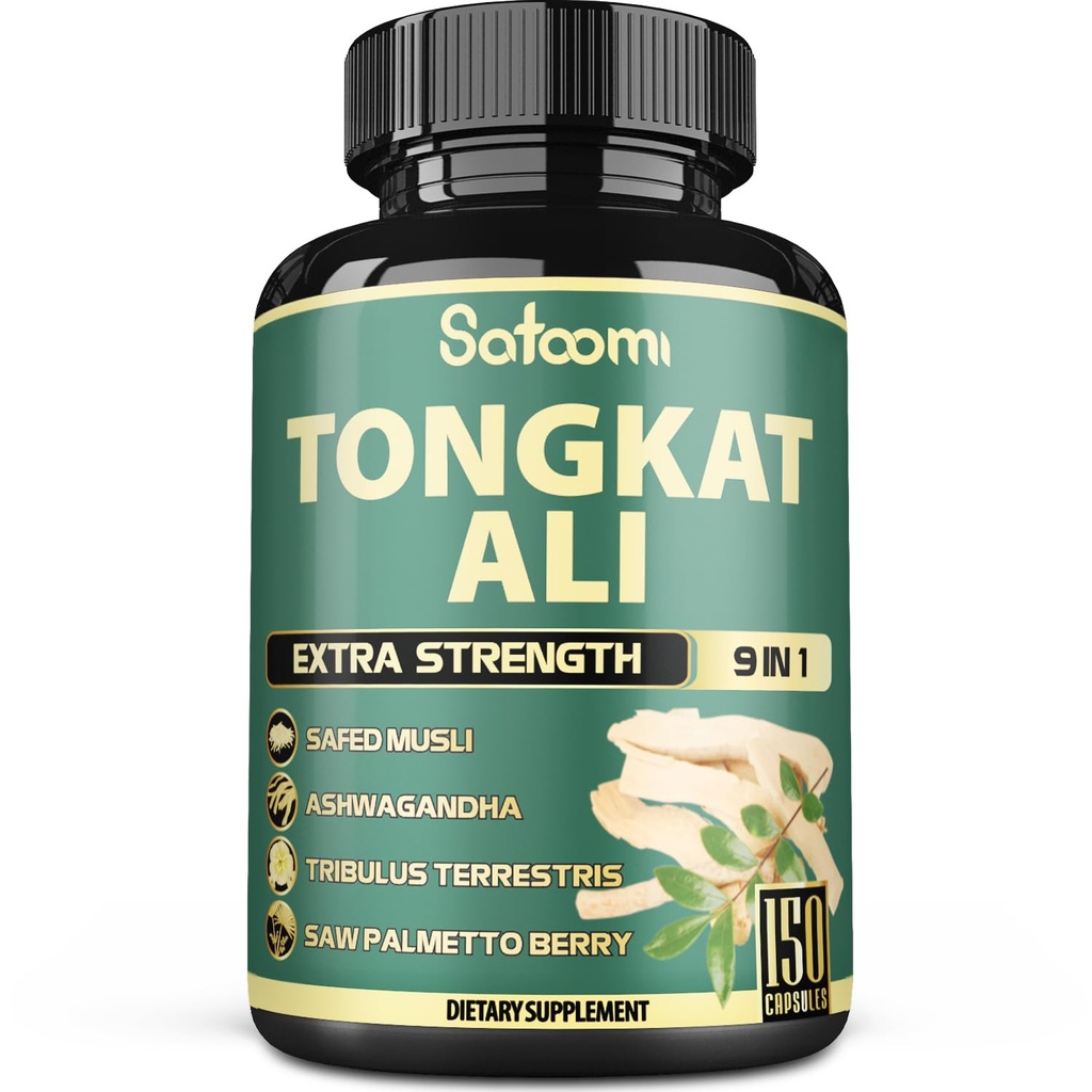 Satoomi 9in1 Tongkat Ali Root Extract 200:1 - Ashwagandha, Tribulus Terrestris - 150 kapslar för 5 månader - Stöd styrka, energi och hälsosam immun