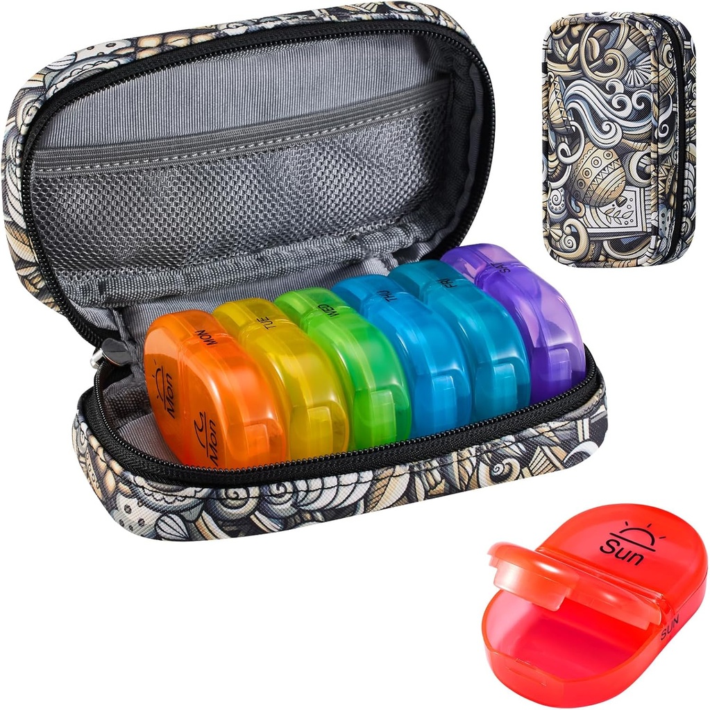 Serfeymi Weekly Travel Pill Organizer 2 Times A Day AM PM Uppgraderad Rainbow Pill Box 7 Dag med Portable Zipper PU Leather Pill Case, Medicine Organizer för piller, vitaminer, fiskoljor - Brown 03
