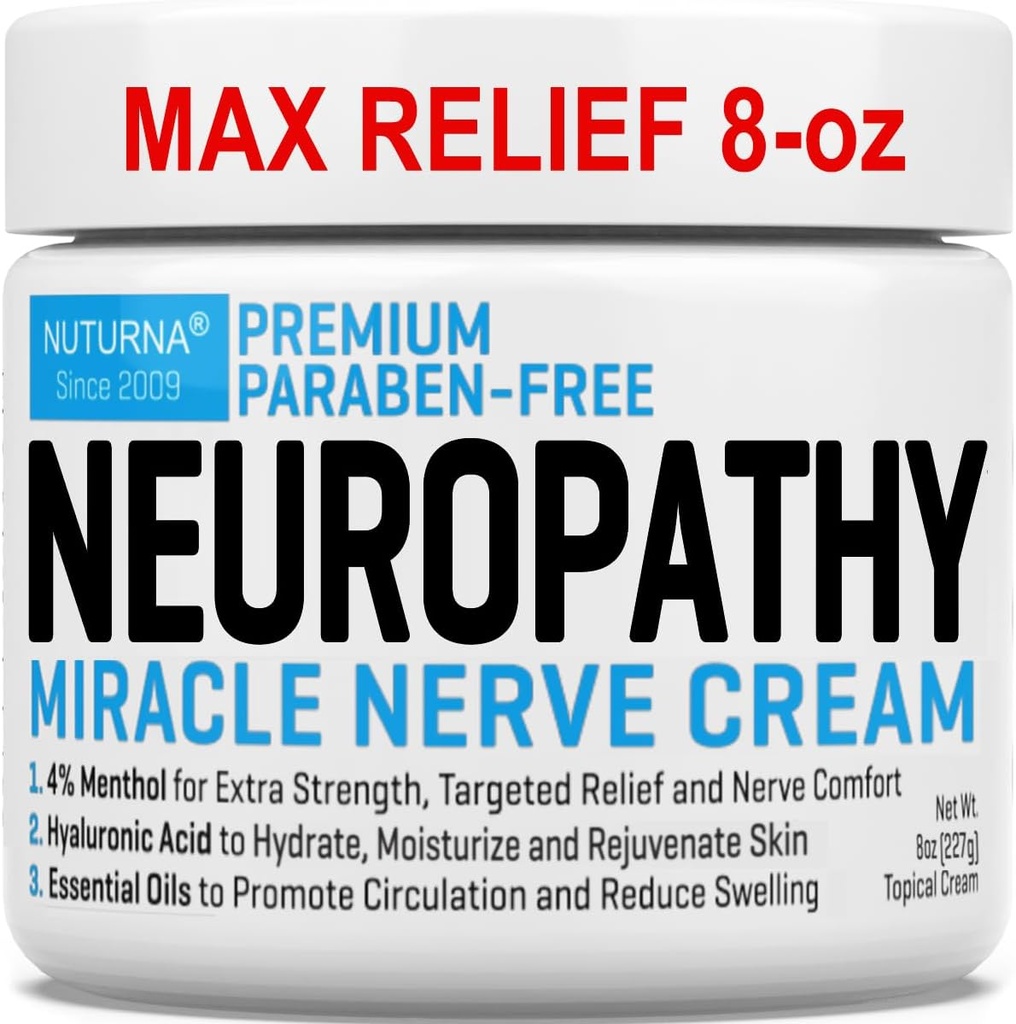 Neuropati Nerve Relief Cream - Premium Nerve Cream 3X-åtgärd för riktad lindring och lugnande nervkomfort - Maximal styrka med 4% Menthol, MSM för fötterna händer ben och tillbaka - Super Large 8 Oz