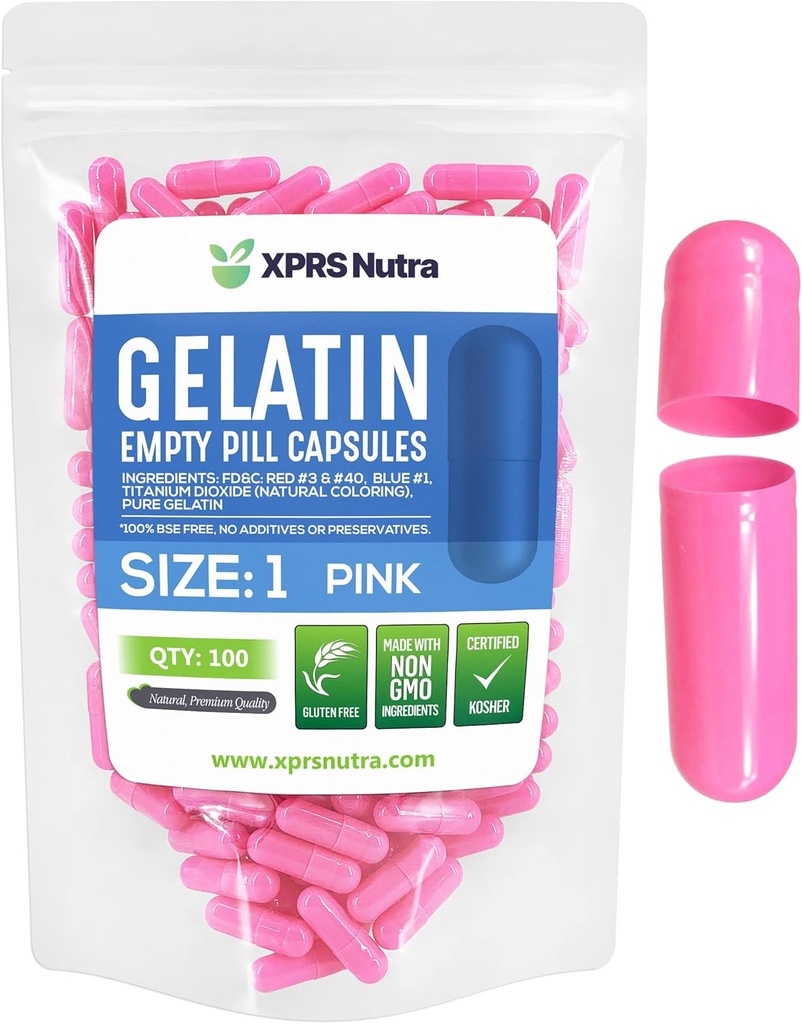 XPRS Nutra Size 1 Empty Capsules - 100 Count Empty Gelatin Capsules - Piller för DIY Capsule Fyllning - Pure Bovine Pill Gel Caps for Do-It-Yourself Supplements (Pink)