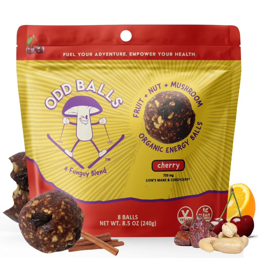ODD BALLS Organic Energy Balls Cherry - Superfood Mushroom Snack - Running, Cycling, Hiking - Gels, Bars Alternative - Lion's Mane Focus, Cordyceps Energy - Vegan, Gluten Free Snacks for Kids & Adults (8,5 oz, Cherry)