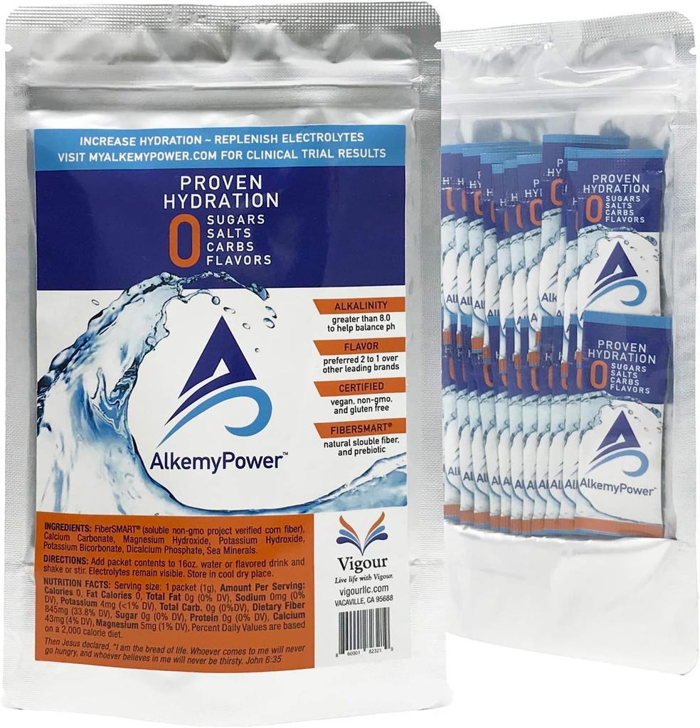 AlkemyPowerTM Hydration Electrolyte Powder, No Sugars, Salts, Carbs, smaker eller kalorier, 100% naturligt, bekvämt Stick Pack, 30 Count