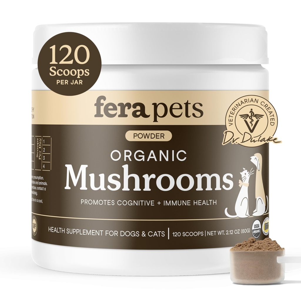 Fera Pets Mushroom Supplement för hundar och katter med Turkiet Tail - USDA Organic - Kognitivt och immunstöd - Förbättrar leverfunktionen - Stöder en hälsosam tarm - pulver - 120 skopor
