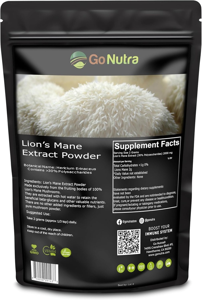 Go Nutra - Lion’s Mane Powder, Potent 10:1 Lion’s Mane Mushroom Powder with 30% Polysaccharides, Pure Lion’s Mane Extract for Tea, Juice, Water, and More, Non-GMO, Vegan, 8 oz