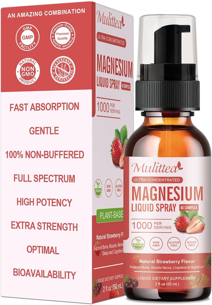 Magnesium Glycinate Liquid Spray med Citrate, Oxide & Malate, Magnesium med Hel Vitamin, L-Theanine, D3K2, B6 för hjärta, Leg Cramps, Muscles & Energy- Sugar-Free Strawberry Flavor, 2 Fl Oz