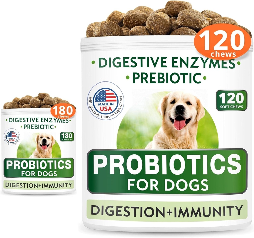 Dog Probiotics Chews Bundle - Gas, Diarrhea, Allergy, förstoppning, upprörd magsäck, med Digestive Enzymes + Prebiotika - Chewable Fiber Supplement - Förbättra Digestion, Immunity - 300 Mjuka Chews