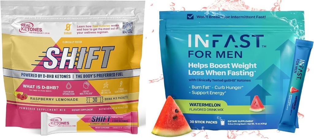 Real Ketones Intermittent Fasting Drink Mix Bundle för viktminskning Support Raspberry Lemon Shift Electrolytes & Intermittent Fasting Electrolytes för män med BHB Exogena Ketones (30 Räkna vardera)