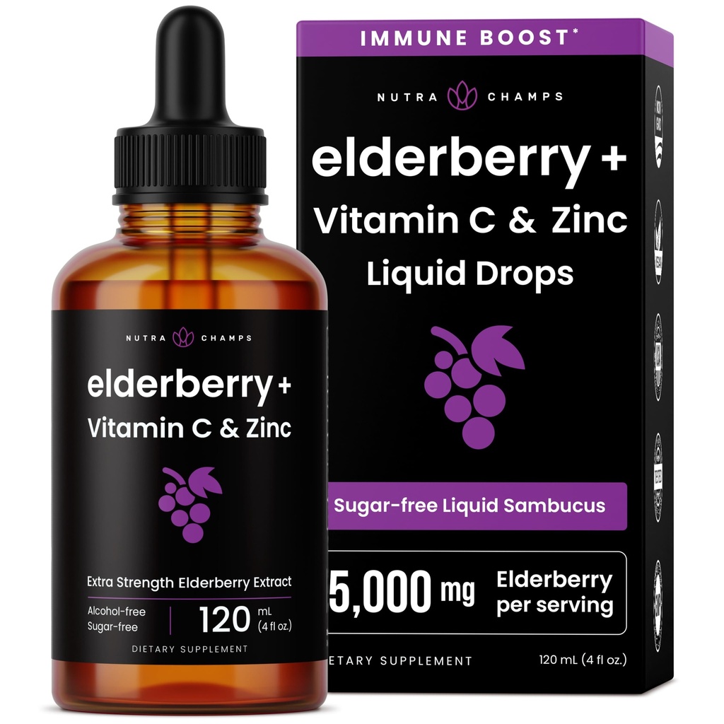 NutraChamps Organic Elderberry Syrup - 5000mg Elderberry Extract med vitamin C & Zink - Black Elderberry Liquid Drops - Sugar-Free Immunity Booster, Vegan, Gluten-Free