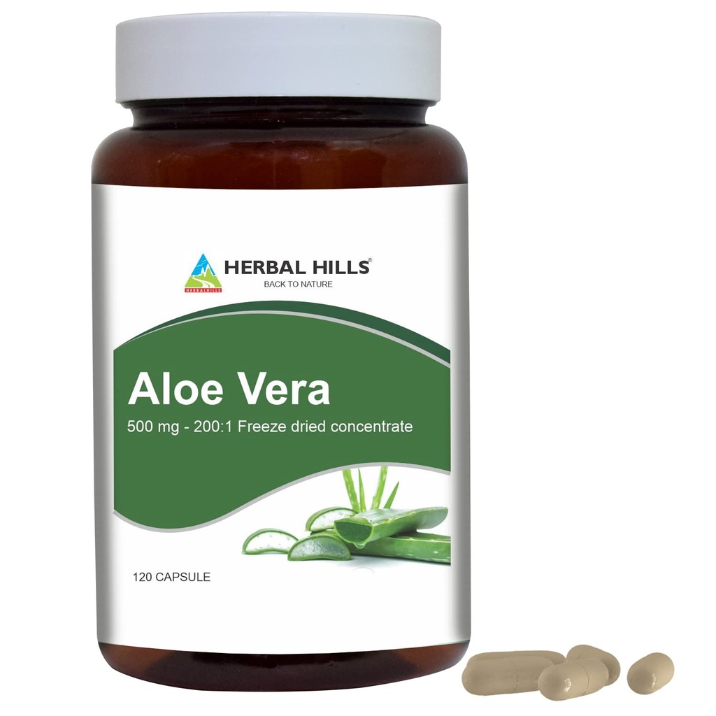 HERBAL HILLS Aloe Vera Capsules (Aloe barbadensis) | 120 kapslar (500 mg) | Pure Aloe Freeze Dried Powder Supplement, High Concentration, stöder övergripande välbefinnande