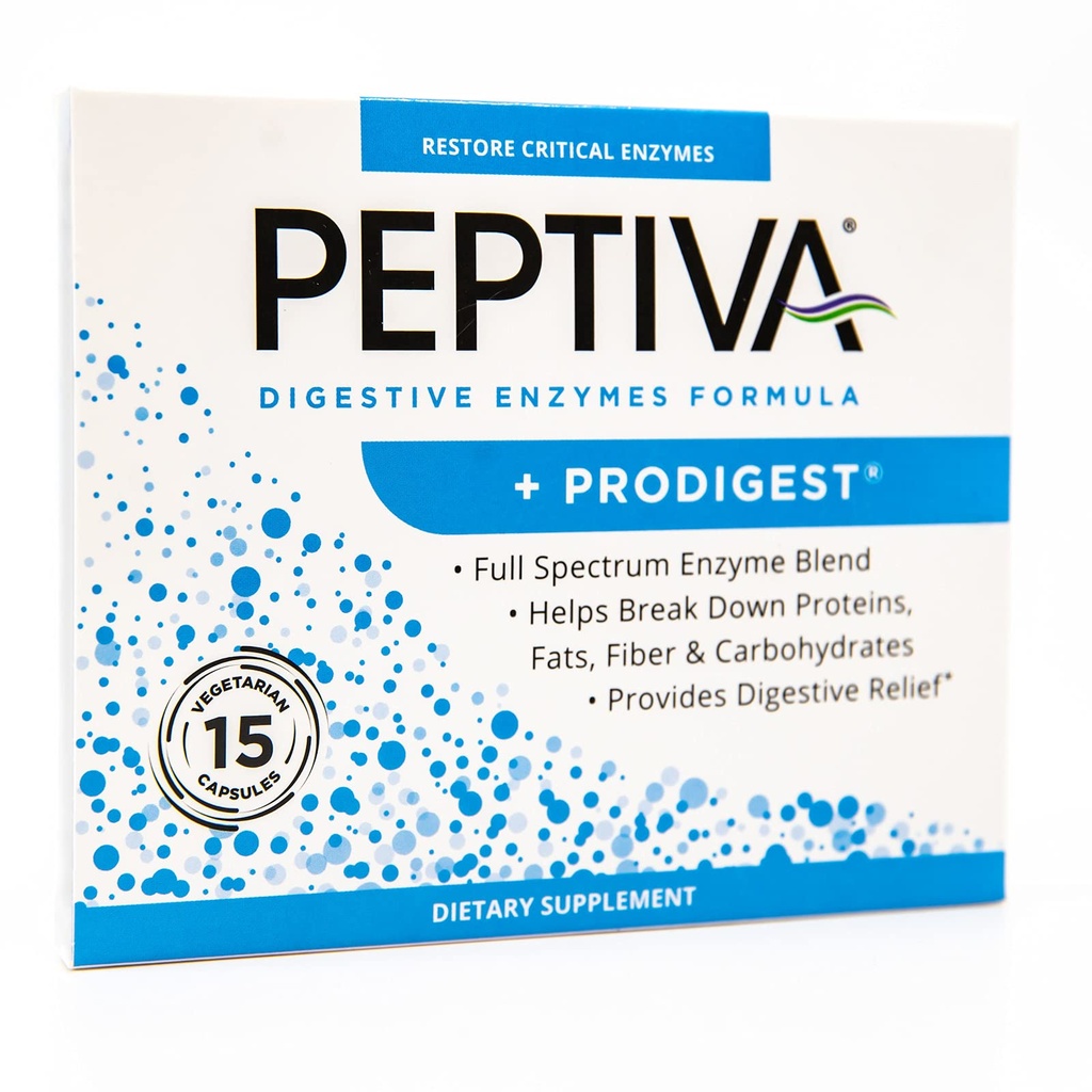 Peptiva Digestive Enzyme Supplement + ProDigest - Hjälper med uppblåsthet, gas, förstoppning - 15 greve