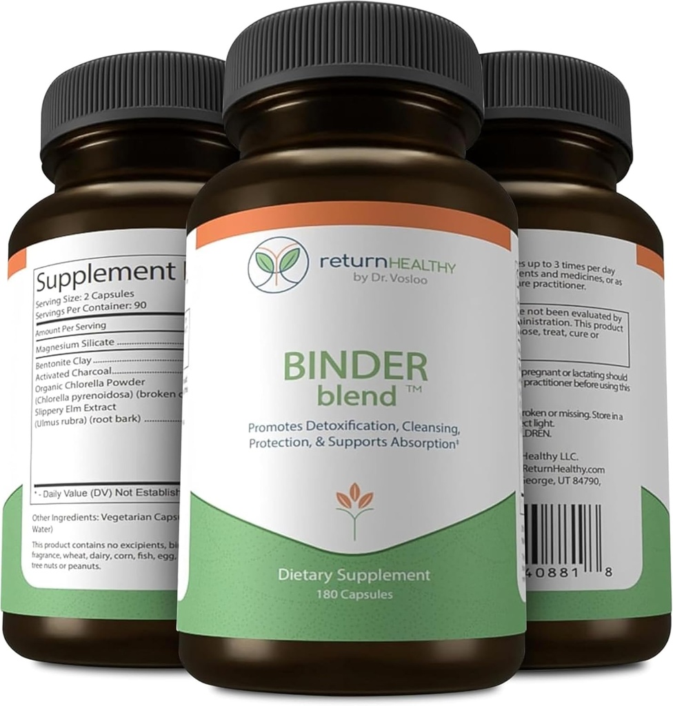 Binder Blend - Toxin Binder Supplement, Detox Capsules för en hälsosam tarm - 180 kapslar - 90 portioner - 960mg aktiverad kol & 480mg Organic Chlorella - Bloating Relief - Bentonite Clay, 3 Pack