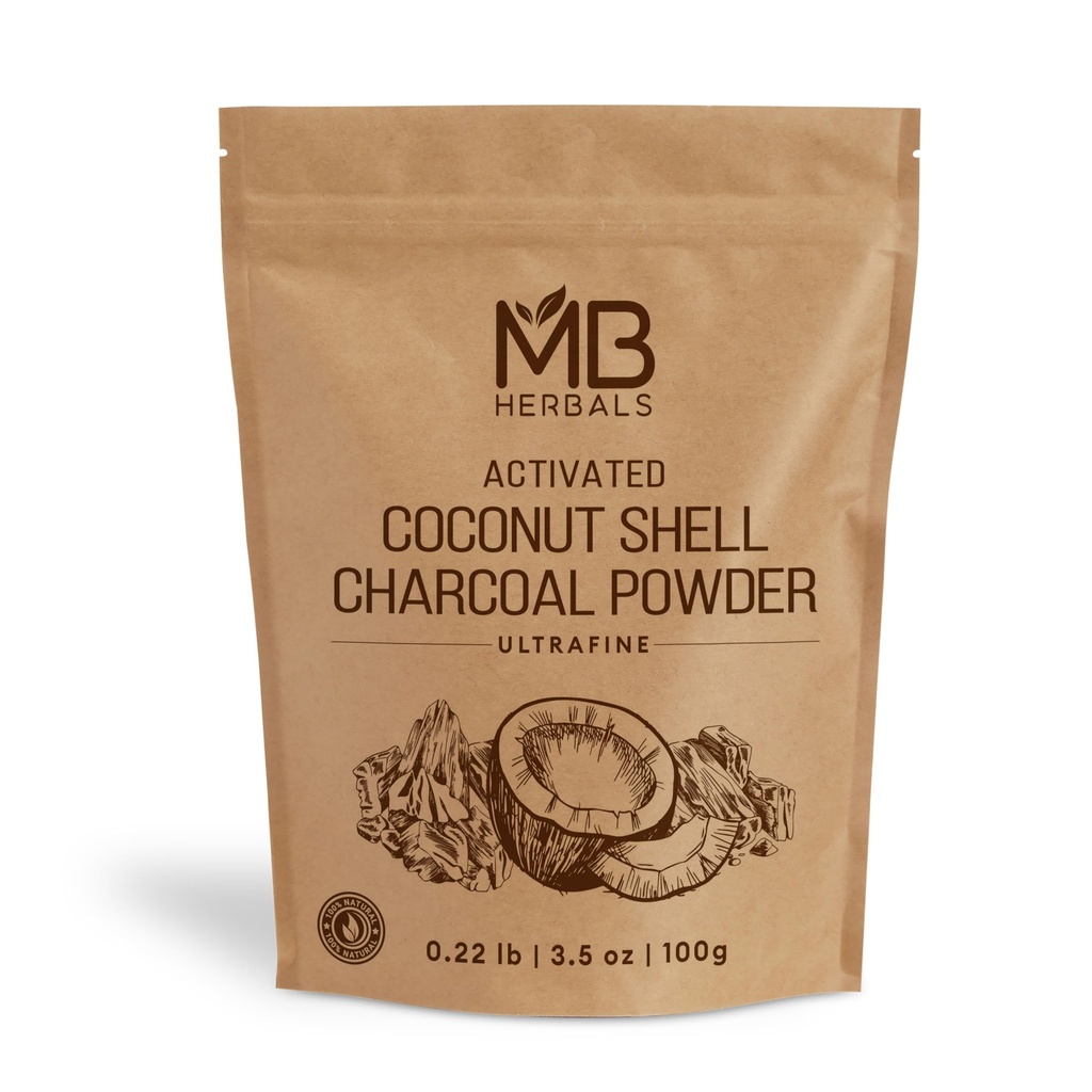 MB Herbals aktiverade kolpulver från Coconut Shell 3.5 oz (100 Gram) för extern användning Endast | För ToothPowder Face Packs och masker | Tvål Göra | Injest