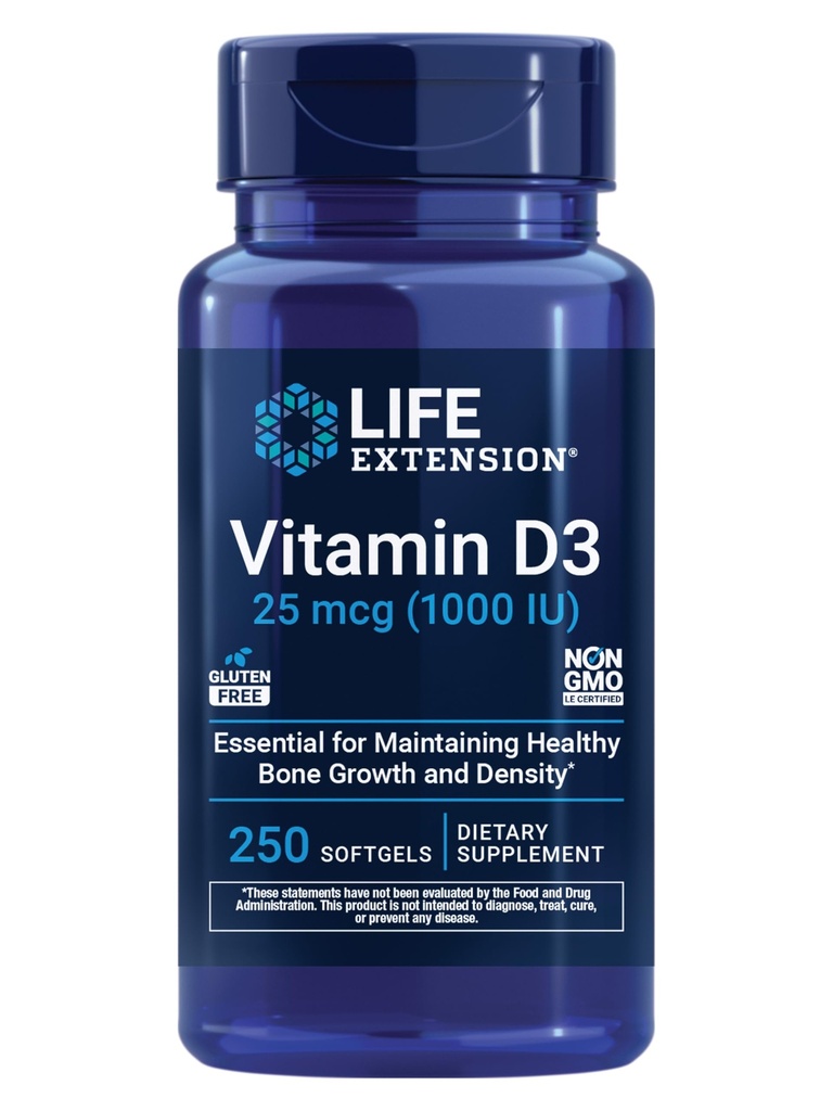 Life Extension Vitamin D3 25 mcg (1000 IE), Immune System Support, Bone Health, Whole-Body Health, Value Size, Gluten-Free, Non-GMO, 250 mjukgels