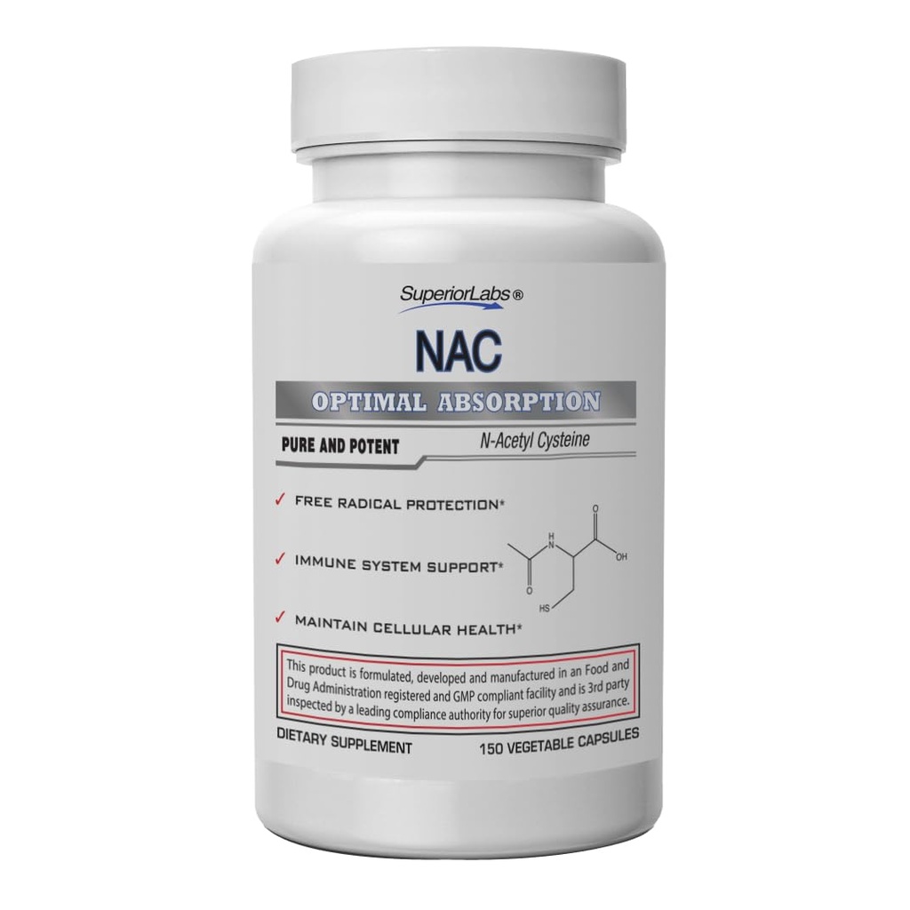 Superior Labs NAC (N-Acetyl Cysteine) 1,200 mg, 150 grönsaks kapslar, kosttillskott med selen, fri radikal skydd, normal immunsystemfunktion, behåller cellulär hälsa