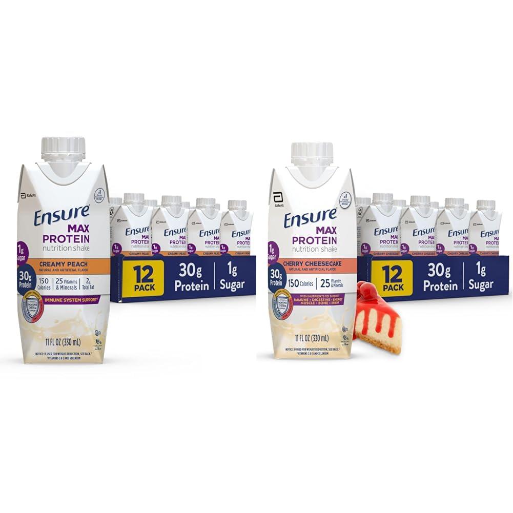 Ensure Max Protein Nutrition Shake with 30g Protein, 1g Sugar, High Protein Shake, Creamy Peach and Cherry Cheesecake Variety Pack, 11 fl oz, Pack of 12