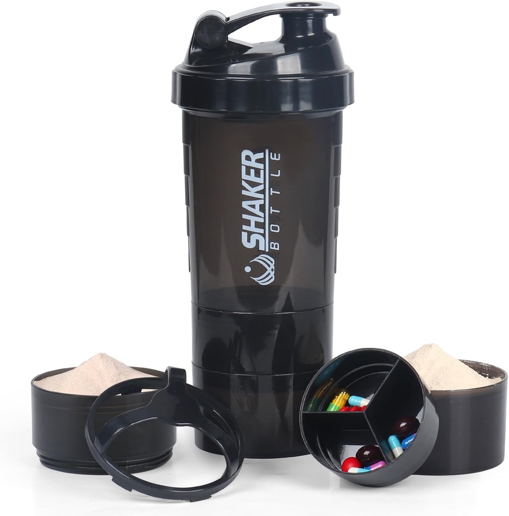 VECH Shaker Bottles for Protein Mixes Workout Shaker Leak Proof Water Bottle Non Slip 3 Layer Twist Off 3 OZ med Pill Tray för lagring Protein Powder Shake Bottle 16 OZ Shake Cup (Black)