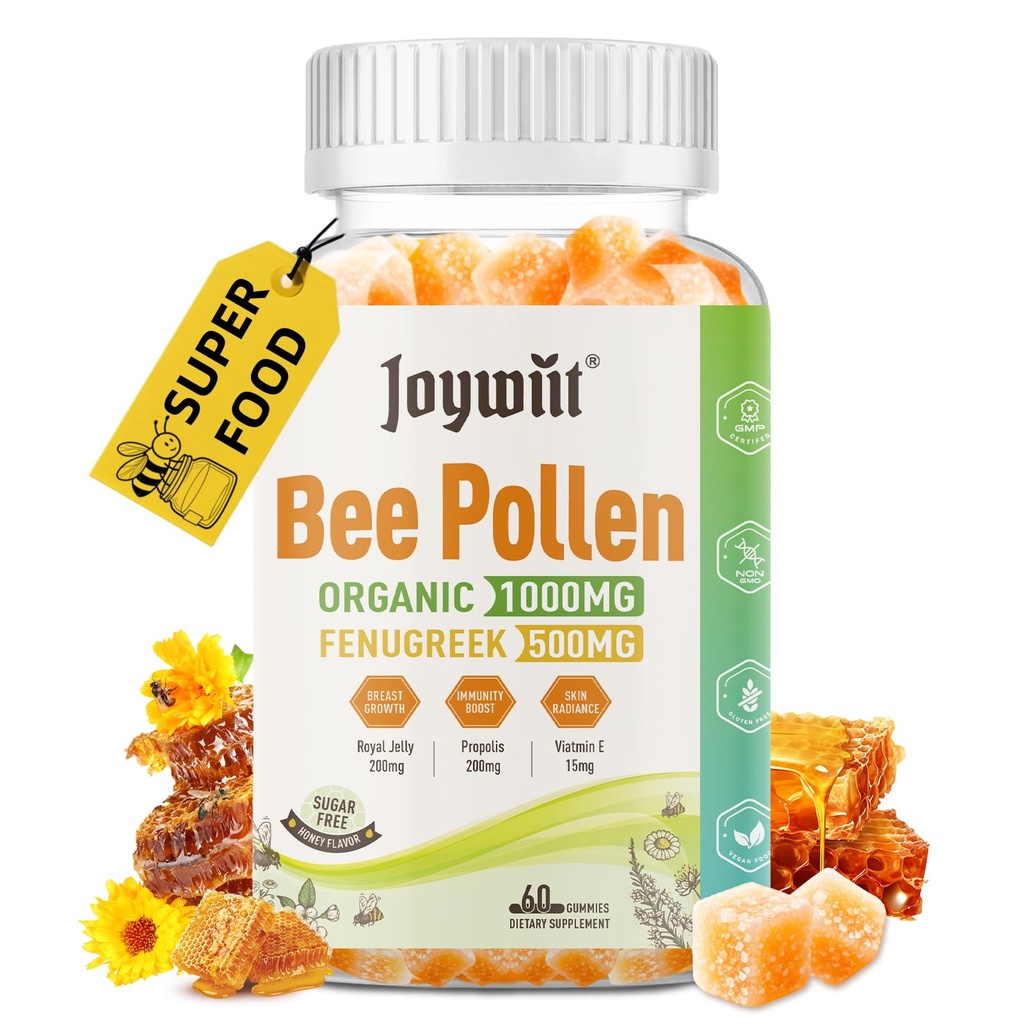 Bee Pollen 1000mg Sugar Free Gummies, w / Feugreek, Royal Jelly, Propolis, Organic Bee Pollen Chewable Supplement för kvinnor, Rich in Vitamin E, Immunity & Skin Care, 60 grejer