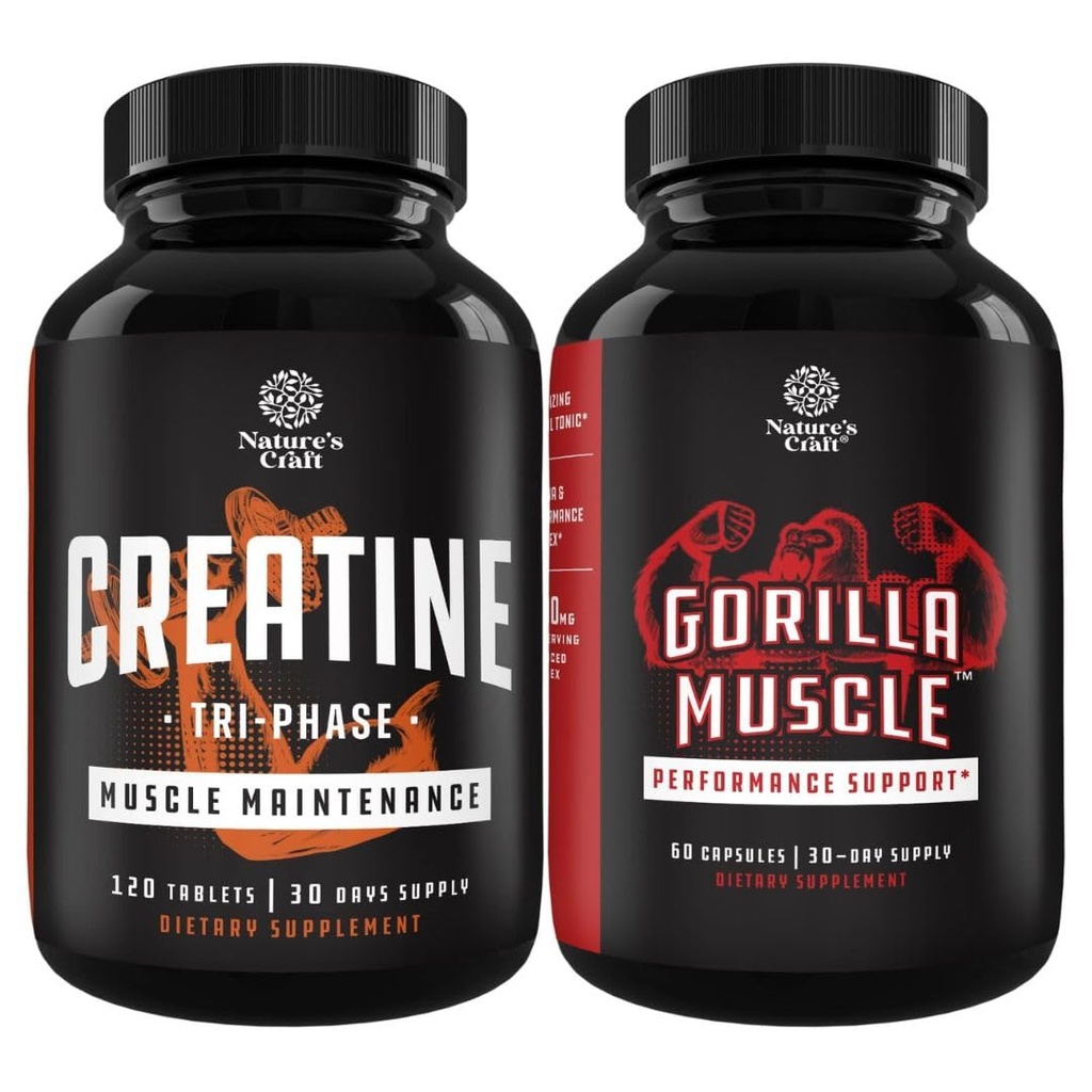 Bundle of Tri Fase Creatine Pills 5g och Extra Strength Test Booster för män - Muscle Mass Gainer och Muscle Recovery Creatine HCL Pyruvate - Natural Energy Supplement med Horny Goat Weed