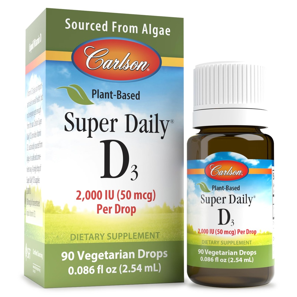 Carlson - Plant-Based Super Daily D3 2000 IE (50 mcg) per Drop, Vegetarian Vitamin D Drops, Liquid Vitamin D3, Sourced från Algae, Unflavored, 90 Drops (2,54 ml)