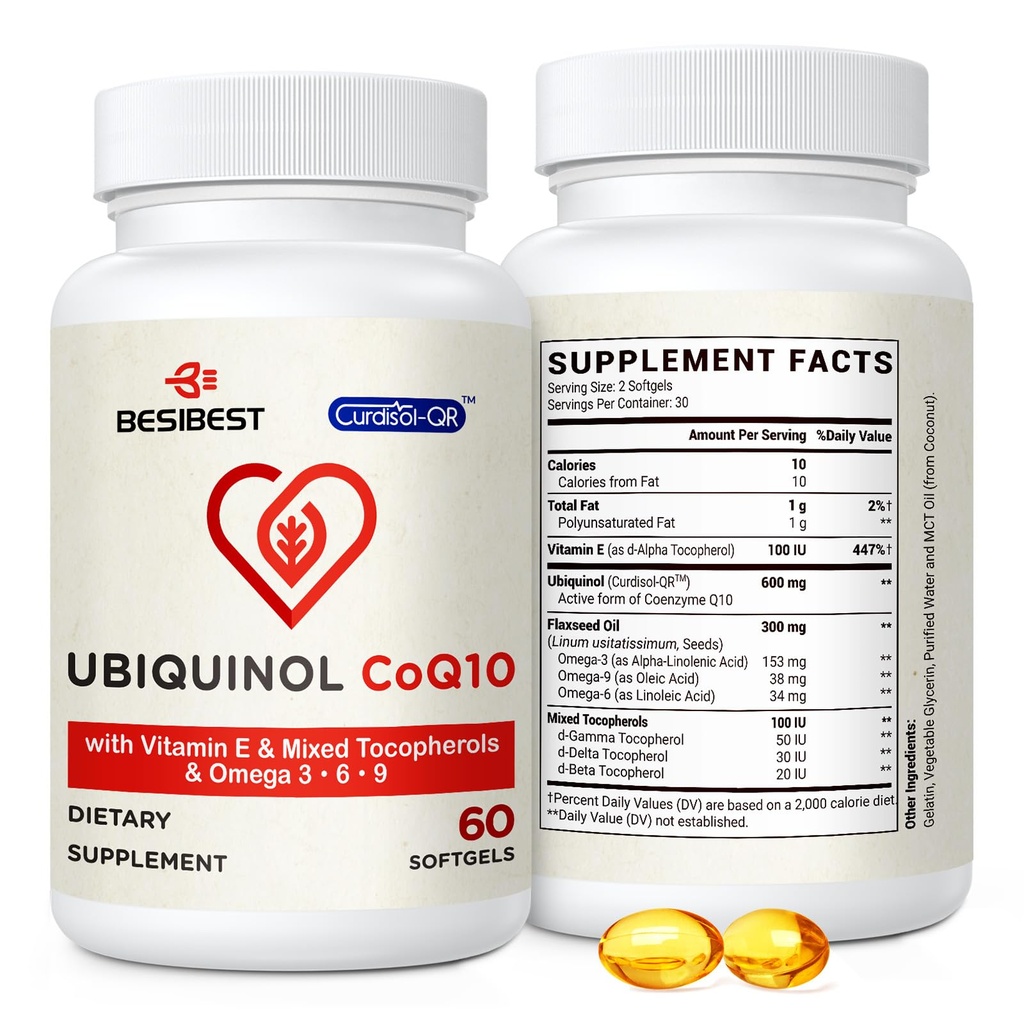 Besibest Ubiquinol CoQ10-600mg-Softgel, Active Coq10 Ubiquinol Supplement with Vitamin E & Omega 3, 6, 9, High Absorption-Coenzyme-Q10, Powerful Antioxidant for Energy Production, Tested, 60 Count