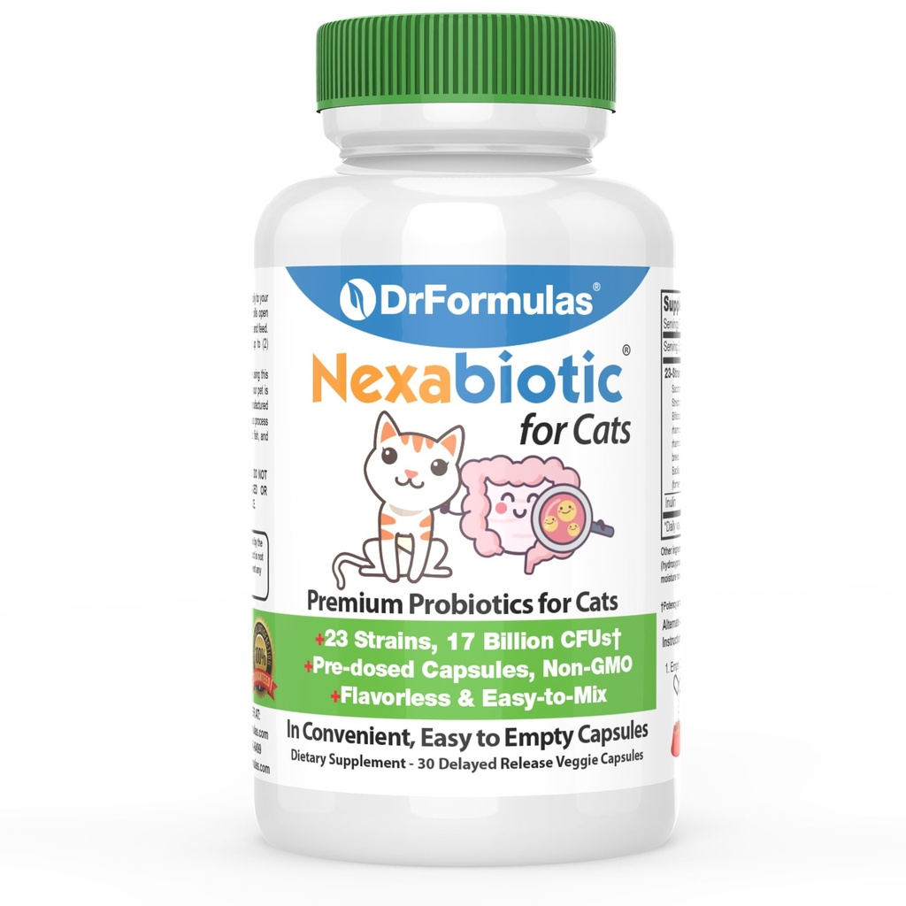 DrFormulas Nexabiotic Probiotics for Cats Powder | Behandlar Diarré för husdjur med Saccharomyces Boulardii Lactobacillus Acidophilus, Bästa Probiotika Supplement för Digestive Health 30 Capsule