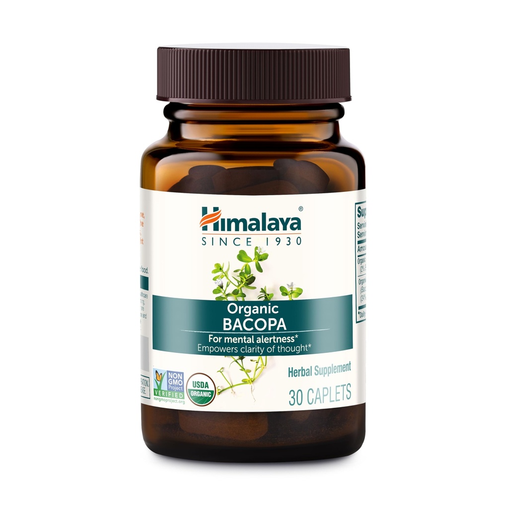 Himalaya USDA Organic Bacopa Monnieri Nootropic Herbal Supplement,Brahmi,Bacopa Supplements, Bacopa Extract,Mental Alertness, Supports Calm,Memory,Cognition,Non-GMO,750 mg, 30 Plant-Based Caplets