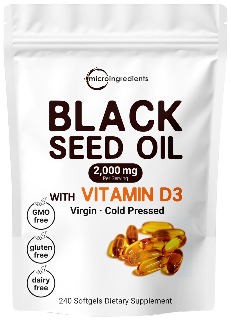 Micro Ingredients Black Seed Oil 2000 mg med vitamin D3 1000 IE, 240 Softgels | Cold Pressed - Nigella Sativa Pills från Egypten, Virgin Oil, Odorless, Non-GMO & No Gluten