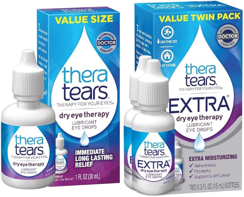 TheraTears Dry Eye Therapy Eye Drops för torra ögon, 1,0 Fl Oz & Extra Dry Eye Therapy Lubricating Eye Drops för torra ögon, 0,5 fl oz Bottle, 2 Count (Pack av 1)
