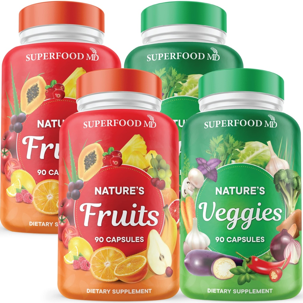 Superfood 180 frukt och 180 Veggie Capsules - Whole Food Natural Superfoods - Maintain Energy Levels, med Aloe Vera - Soy Free (90 greve av 4)