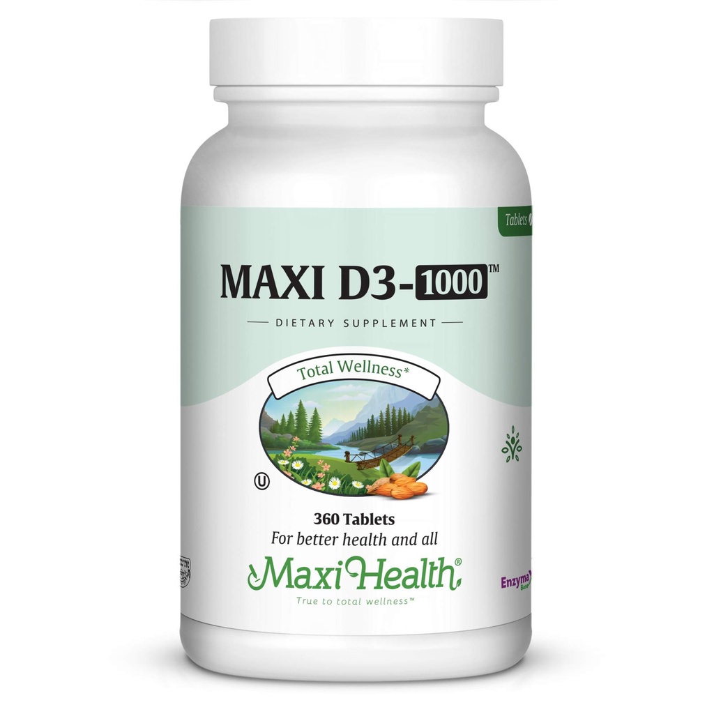 Maxi-Health Vitamin D3 1000 IE - för hälsosam muskelfunktion, benhälsa och immunstöd - 360 tabletter - Bästa Kosher-tillägg för vuxna