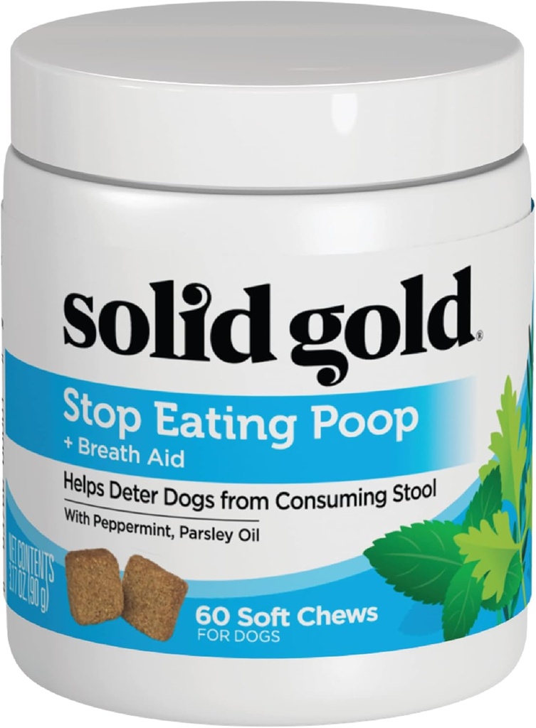 Solid Gold No Poo Chews for Dogs - Coprophagia Deterrent & Stool Eating Deterrent for Dogs That Eat Dog Poop - Sluta äta Poop Chews med Peppermint & Probiotics för Gut & Breath Aid Support - 60ct