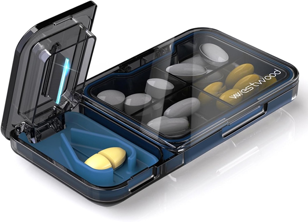 Travel Pill Organizer med Pill Cutter Splitter, 4 Compartments Pill Case, Small Pill Box för Pocket Purse, Daily Pill Container för att hålla Vitamins Cod Liver Oil Supplements, Medicine Planner (Black)