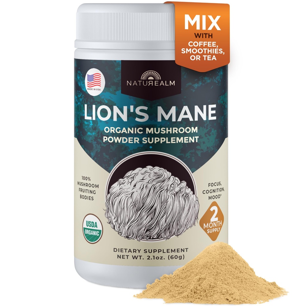 Naturealm Lion's Mane Mushroom Powder - Organic Brain Support för Focus Memory Mental Clarity - Non GMO Cognitive Function - 60 portioner