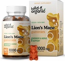 Wild & Organic Lions Mane Mushroom Gummies 1000mg - Natural Lion's Mane Mushroom Supplement Gummies - 60 Chews för fokus och hjärnenergistöd - Vegan, icke-GMO