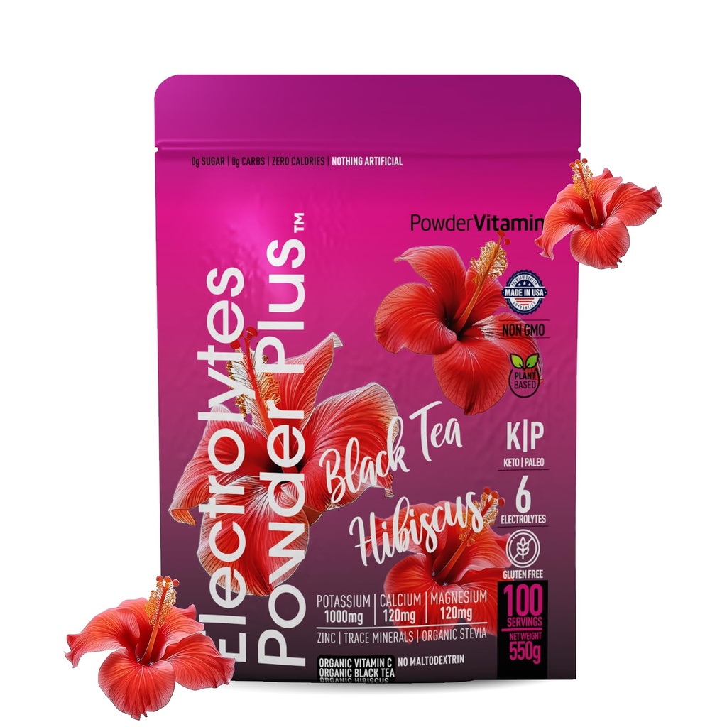 PowderVitamin Electrolytes Powder Plus (100 portioner) Black Tea Hibiscus Electrolyte Powder Keto, Sugar Free, Pink Himalayan Salt,1000mg Kalcium,120mg Magnesium, Hydration Powder