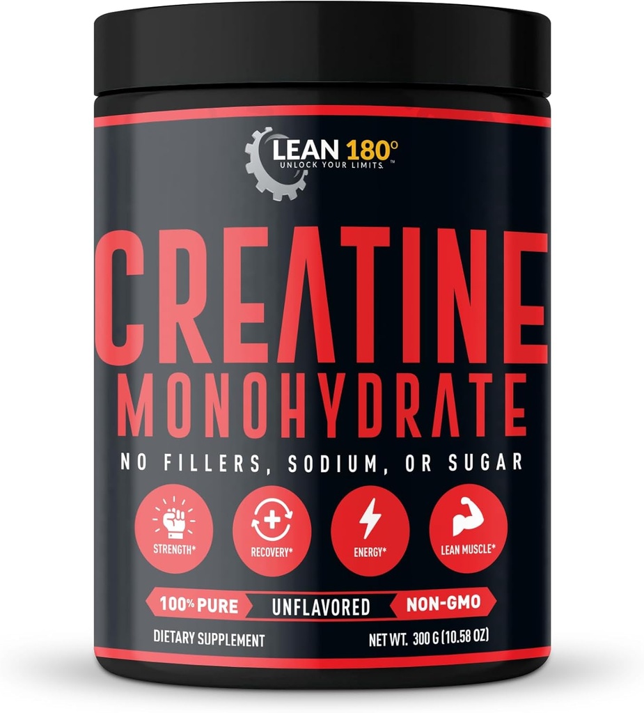 Lean 180 | Bästa kreatinmonohydrattillskott | 100% ren pulver | Förbättrad atletisk prestanda, muskel, återhämtning, hjärnfunktion | Glutenfri, Lab Testad, osmakad - (60 portioner)